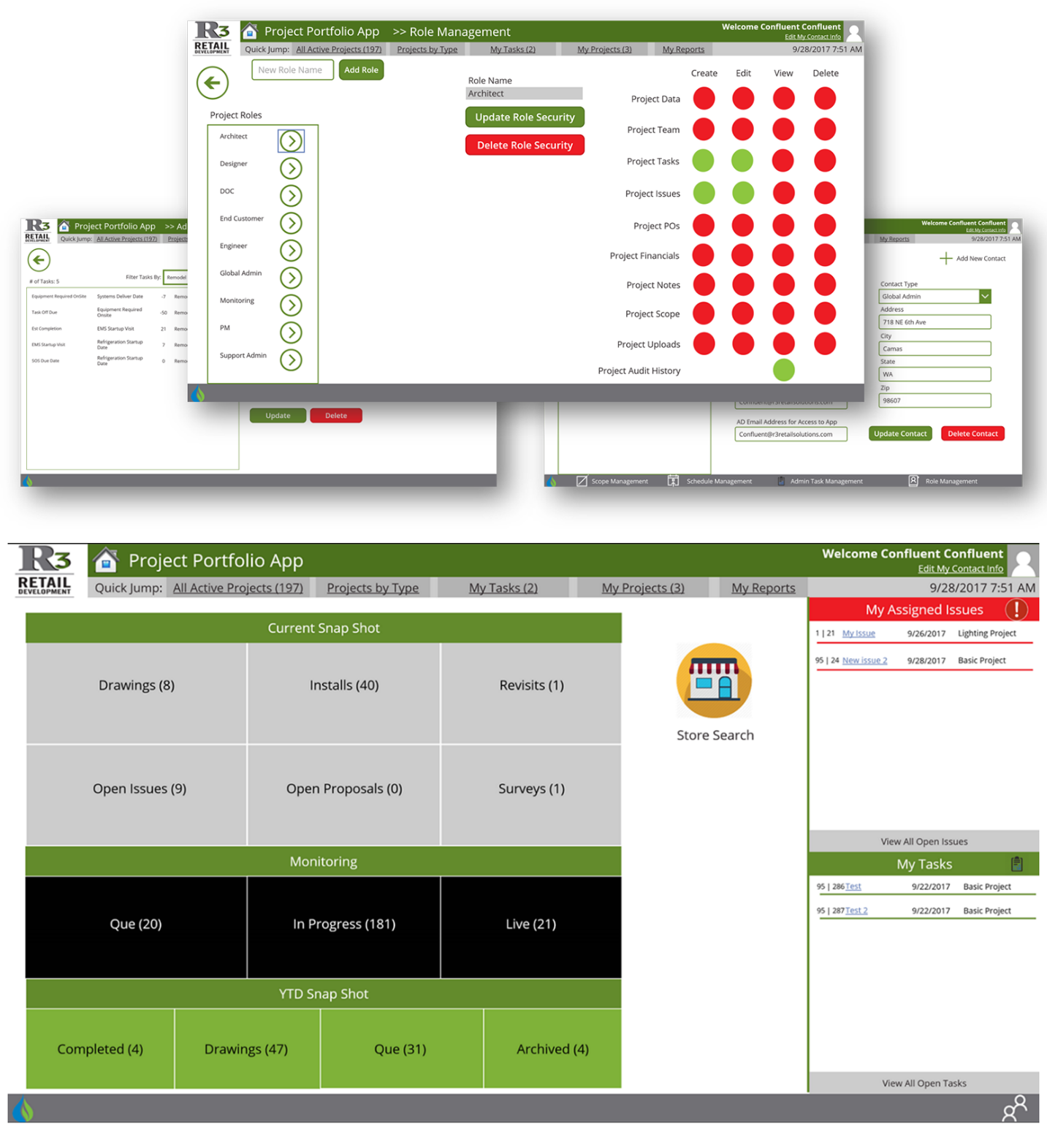 Képernyőkép az R3 szerepkörkezelési képernyőjéről és a kulcsstatisztikák irányítópultkáról.