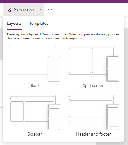 Képernyőkép, amely bemutatja, hogyan választhat elrendezést az Új képernyő menüből