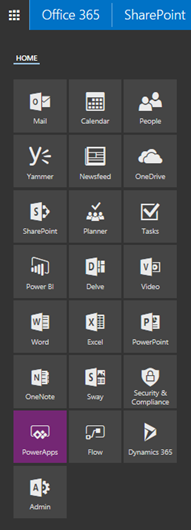 Power Apps az Office 365 alkalmazásindítóban.