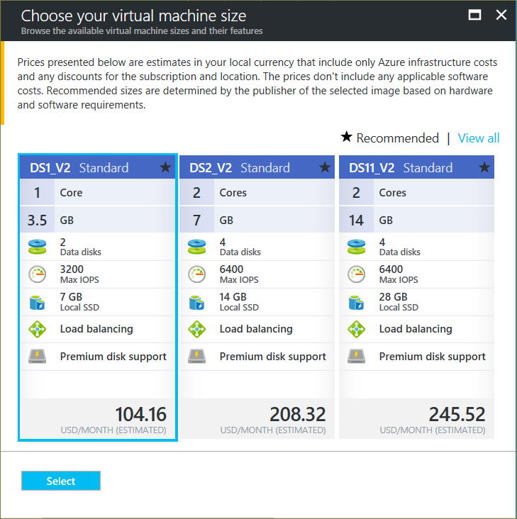 Képernyőkép a Méret panelen kiválasztható Azure virtuálisgép-méretekről