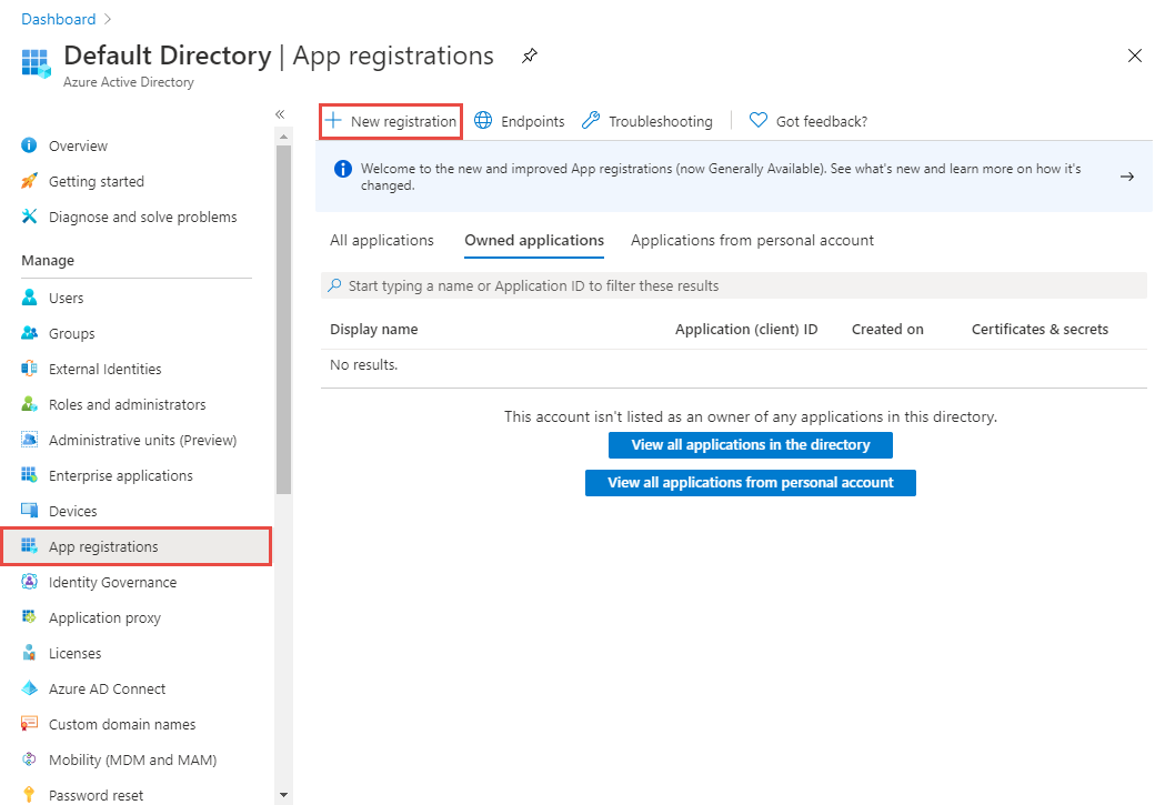 Képernyőkép az Alkalmazásregisztrációk lapról, amelyen az Új regisztrációs hivatkozás van kiválasztva.