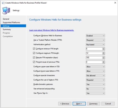 Vállalati Windows Hello Házirend varázsló az elérhető beállítások listájával