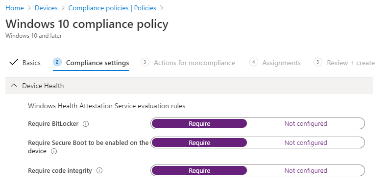 Screenshot of Device Health in Windows 10 compliance policy settings.