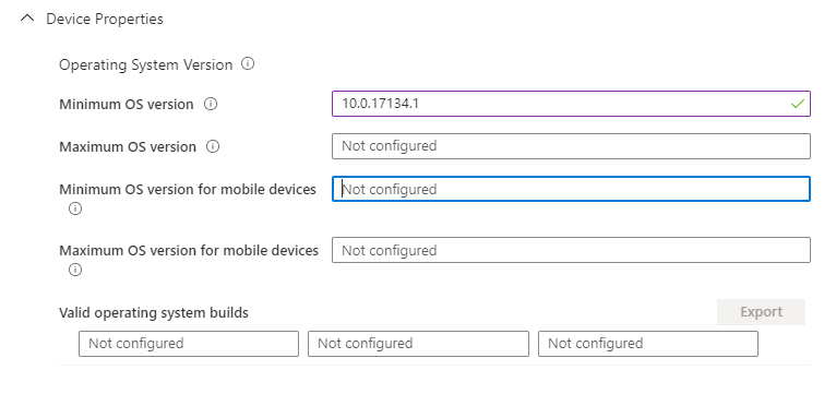 Screenshot of Device Properties in Windows 10 compliance policy settings.