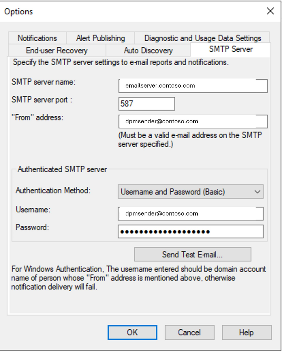 Az SMTP-kiszolgáló új lapjának képernyőképe.