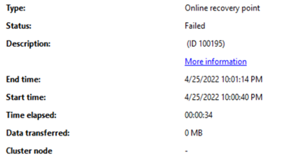 Képernyőkép az online helyreállítási pont létrehozásakor megjelenő hibaüzenetről.