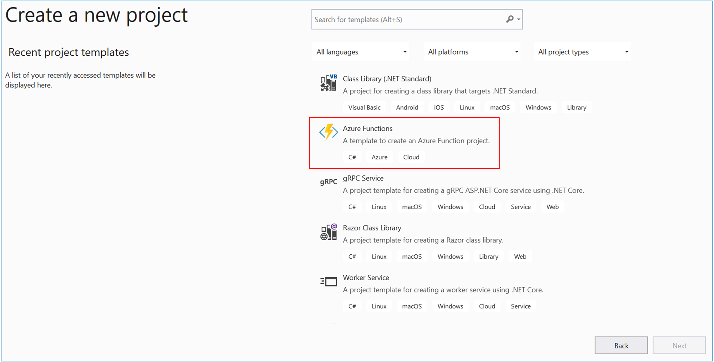 Képernyőkép a Visual Studio 2022 Új projektlap létrehozása az Azure Functions-sablon kiemelésével.