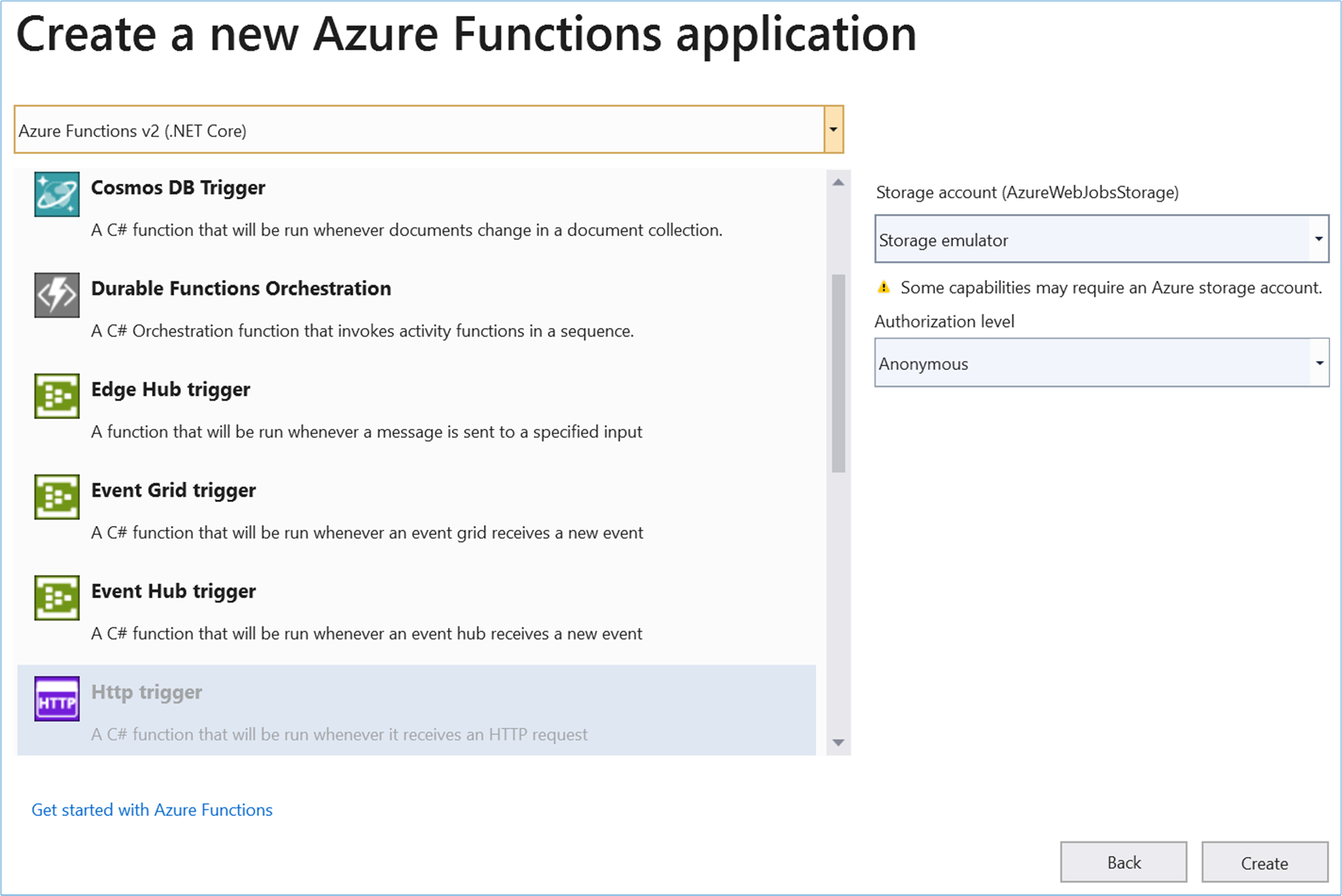 Képernyőkép az Azure Functions eseményindítóiról, kiemelt HTTP-eseményindítóval.