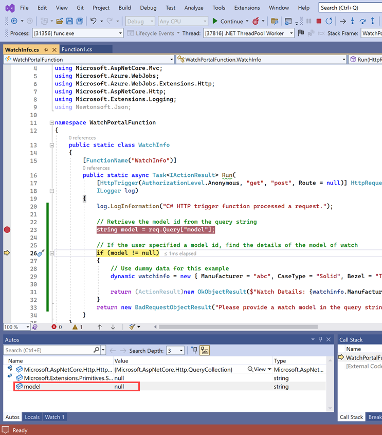 A Visual Studio hibakeresőjének képernyőképe a modellváltozó értékével.