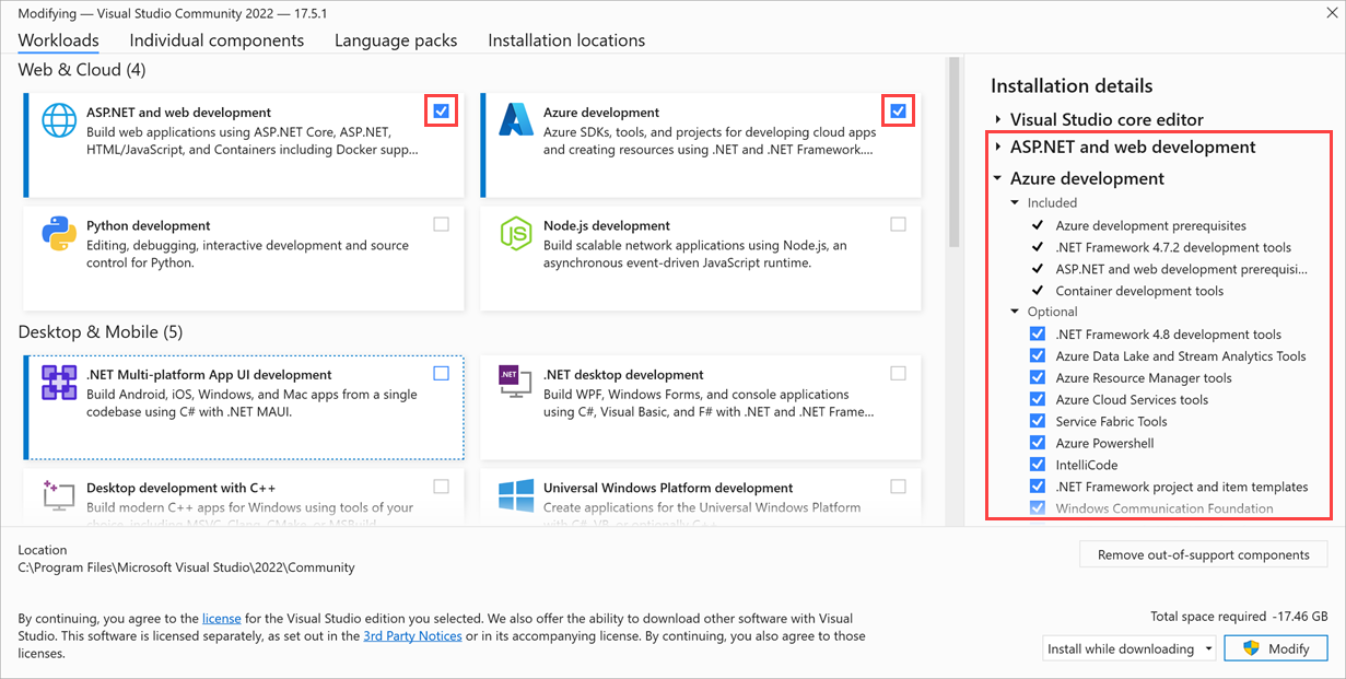 Képernyőkép a Visual Studio 2022-ről, kiemelt asp ponthálóval és Azure-fejlesztési számítási feladatokkal.
