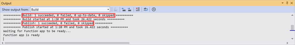 Képernyőkép a Visual Studio Kimenet ablakáról. A kimeneti üzenetek azt jelzik, hogy a függvények közzététele sikeresen megtörtént.