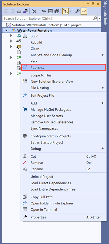 A Visual Studio képernyőképe a WatchPortalFunctions Közzétételének beállításával.