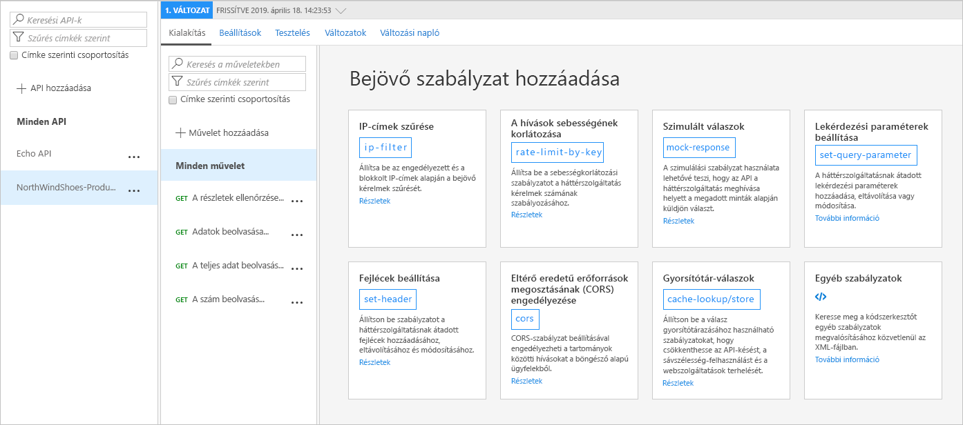 Screenshot of Azure portal showing inbound policy options for API configuration.