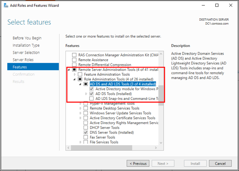 Screenshot that highlights the Active Directory module for Windows PowerShell and the AD DS Tools options.