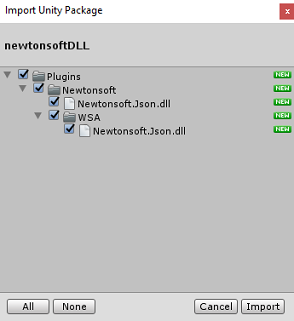 Képernyőkép a Unity-csomag importálása előugró ablakról, amelyen a Beépülő modulok elem van kiválasztva.