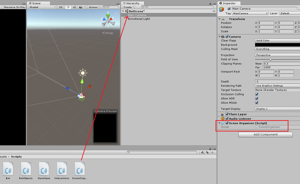 Képernyőkép a Unity-szerkesztő Fő kamera objektumához hozzáadott Jelenetszervező szkriptről.