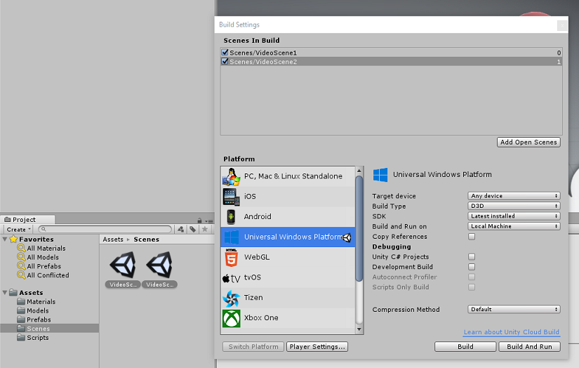 Képernyőkép a Build Settings (Létrehozási beállítások) ablakról.