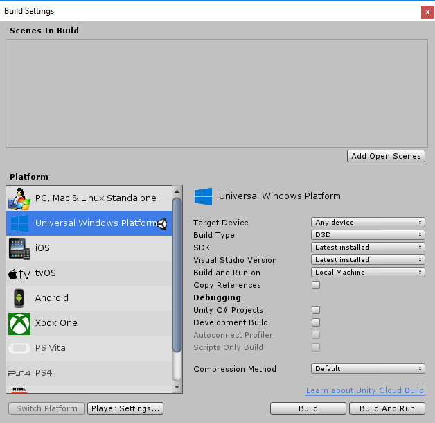 Képernyőkép a Build Settings (Összeállítási beállítások) párbeszédpanelről, amelyen a Univerzális Windows-platform menüpont van kiválasztva.