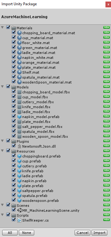 Képernyőkép a Unity-csomag importálása párbeszédpanelről, amelyen az Azure Machine Learning-csomag importálása történik.