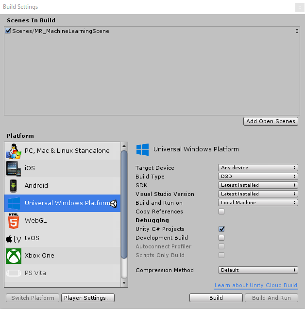 Képernyőkép a Build Settings (Létrehozási beállítások) párbeszédpanelről, amelyen a Univerzális Windows-platform menüelem van kiemelve.