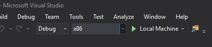 Képernyőkép a Microsoft Visual Studio menüjéről, amely azt mutatja, hogy a Megoldásplatformon a Helyi gép lehetőség van kiválasztva.