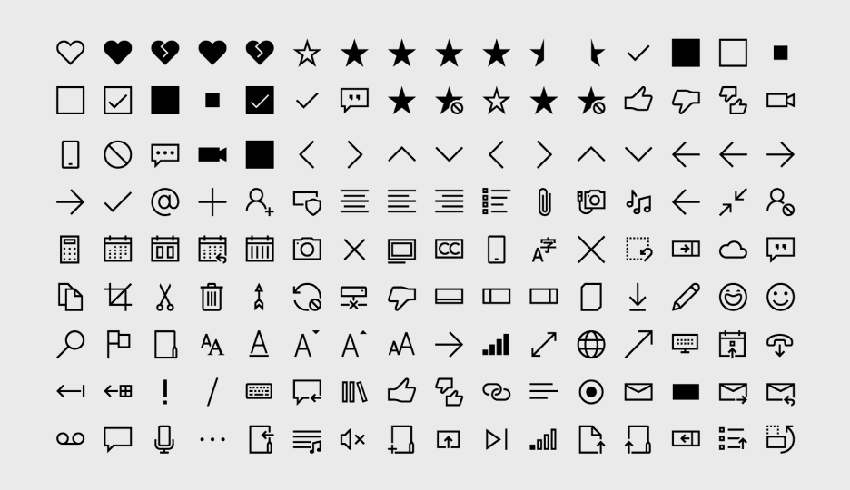 Screenshot that shows a large group of predefined Segoe icons.