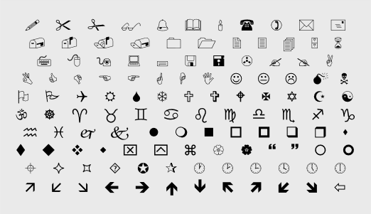 Screenshot of a large group of Wingdings icons.