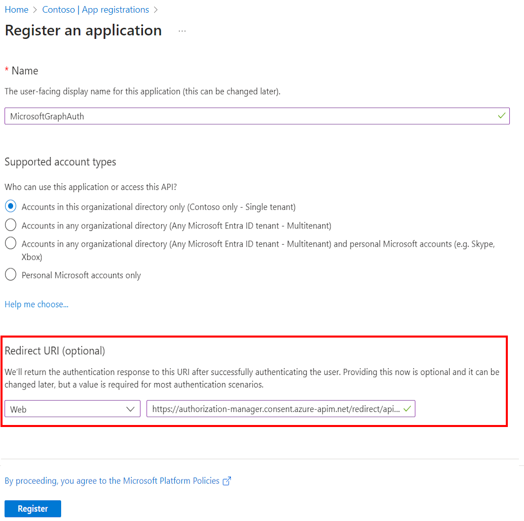 Cuplikan layar membuat pendaftaran aplikasi Microsoft Entra di portal.