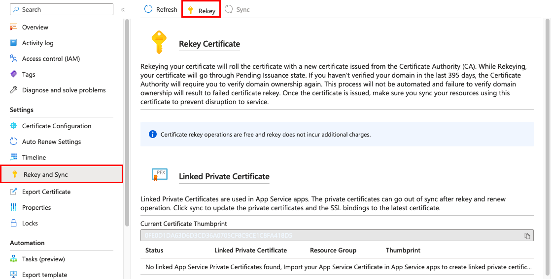 Cuplikan layar penggantian kunci sertifikat App Service.