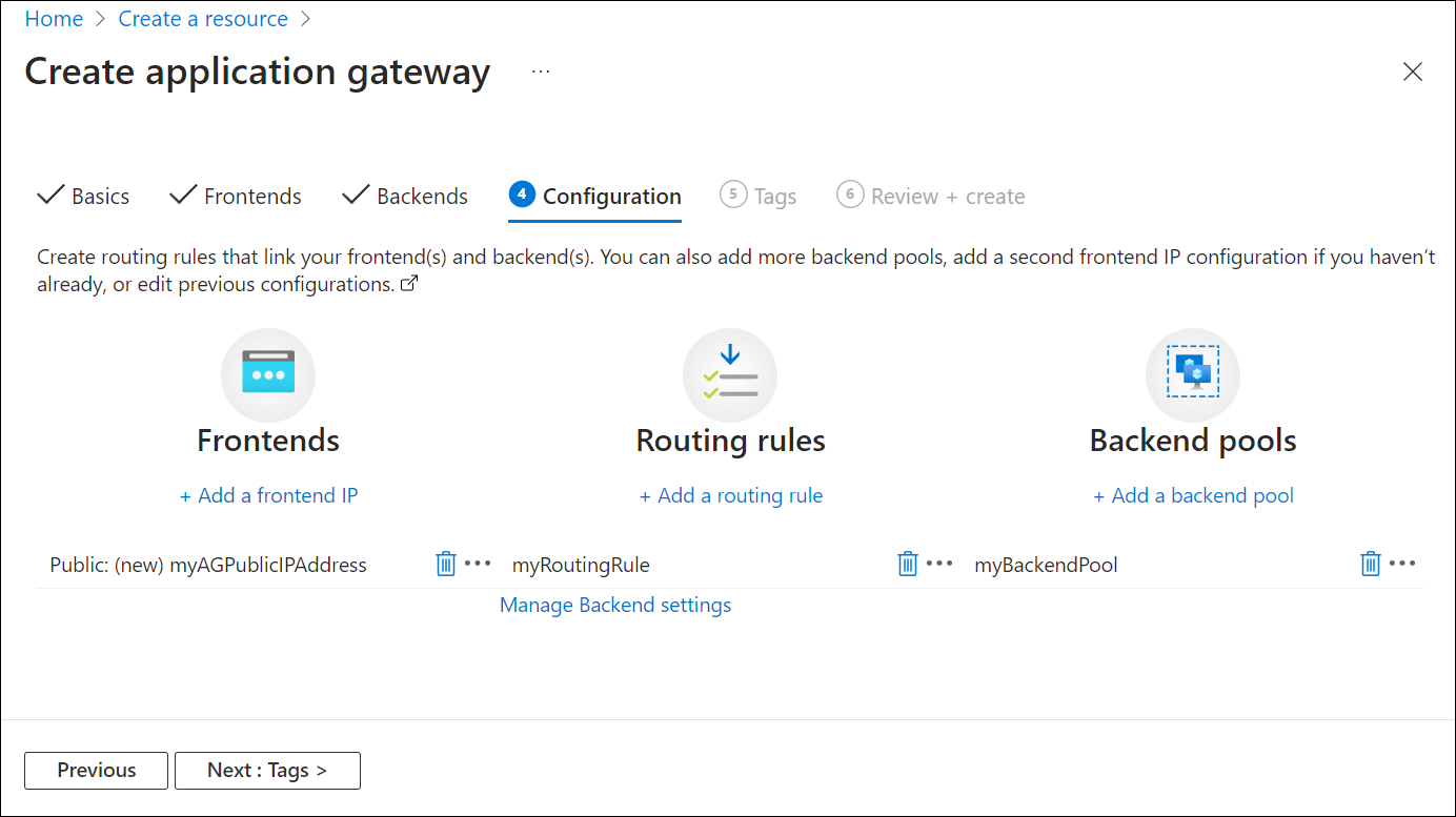 Cuplikan layar gateway aplikasi baru: tab konfigurasi selesai.