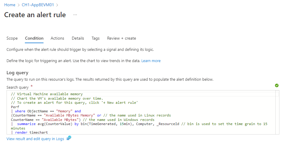 Cuplikan layar yang memperlihatkan tab Kondisi saat membuat aturan pemberitahuan pencarian log baru.
