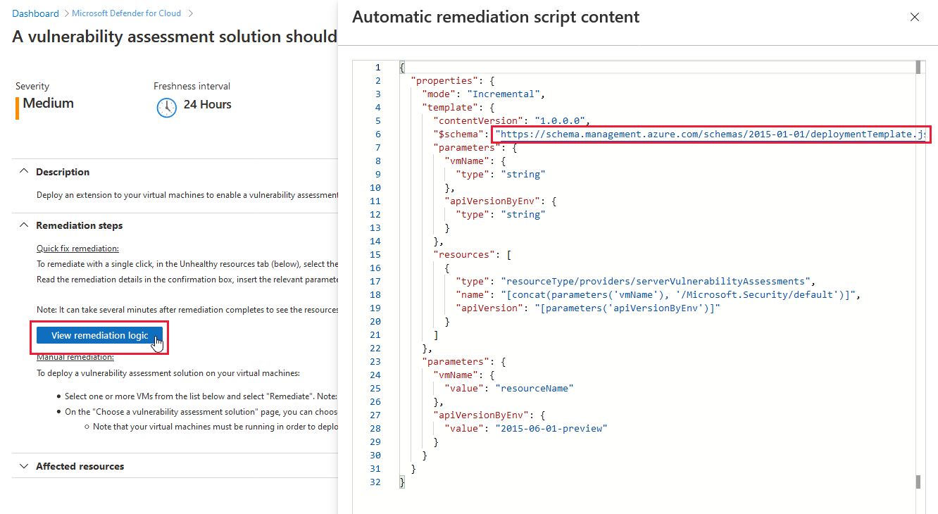 Skrip perbaikan menyertakan template ARM relevan yang dapat Anda gunakan untuk otomatisasi.