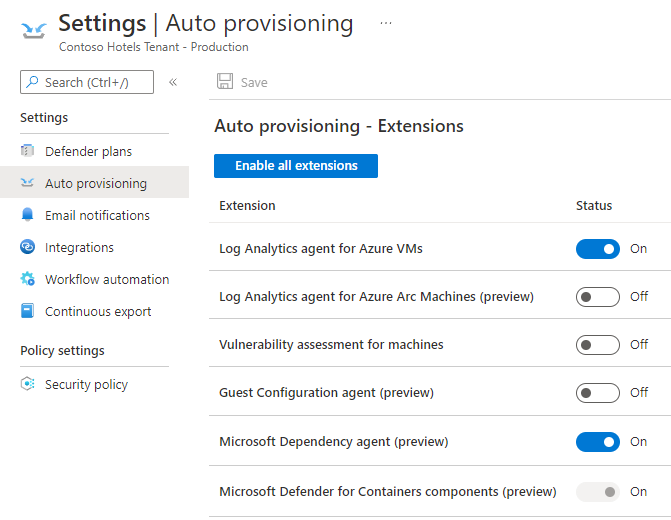 Screenshot of Microsoft Defender for Cloud's extensions that can be auto provisioned.