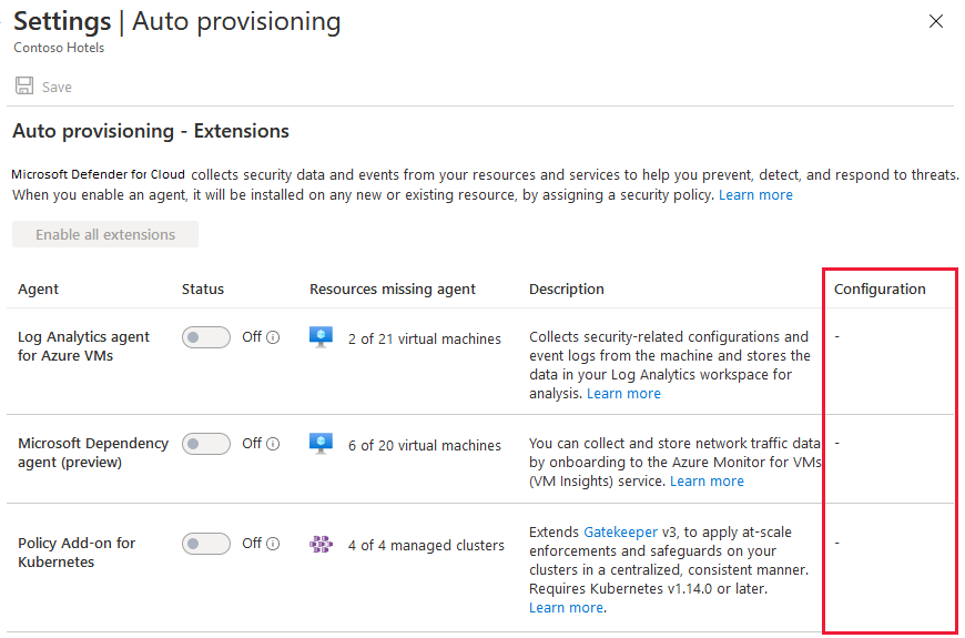 When auto provisioning is disabled, the configuration cell is empty