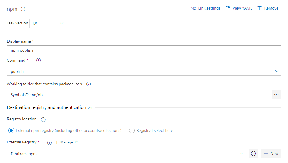 Cuplikan layar memperlihatkan cara mengonfigurasi tugas penerbitan npm untuk menerbitkan paket ke registri publik.