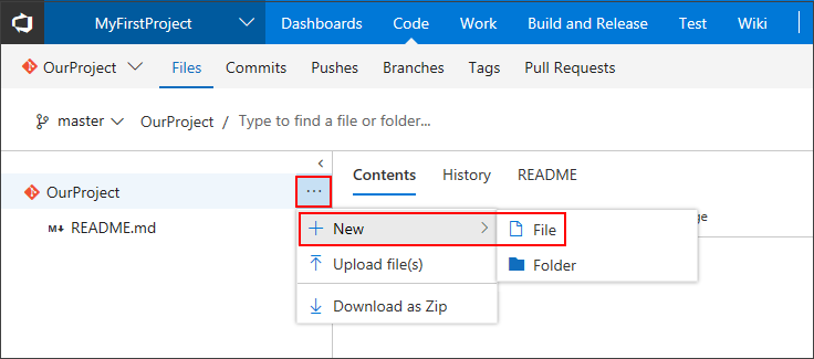 Pada tab File, dari simpul repositori, pilih opsi 'Baru -> File'