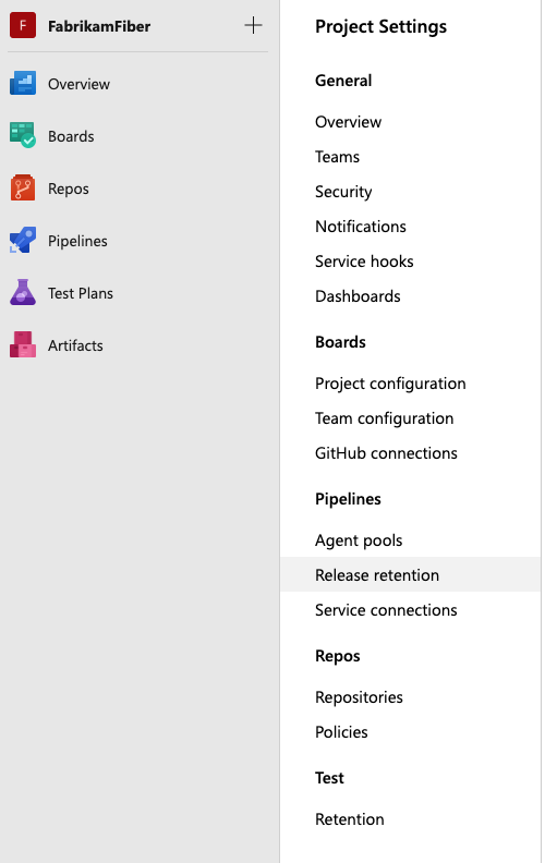 Cuplikan layar pengaturan retensi di Pengaturan proyek untuk DevOps 2019.