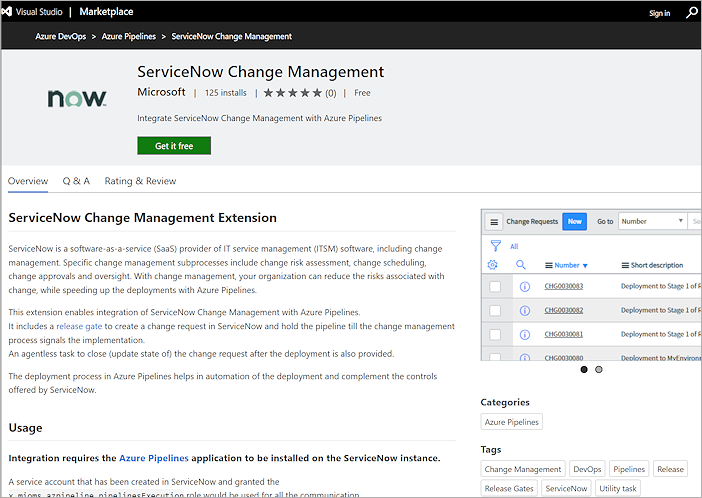 Cuplikan layar memperlihatkan ekstensi Manajemen Perubahan ServiceNow.