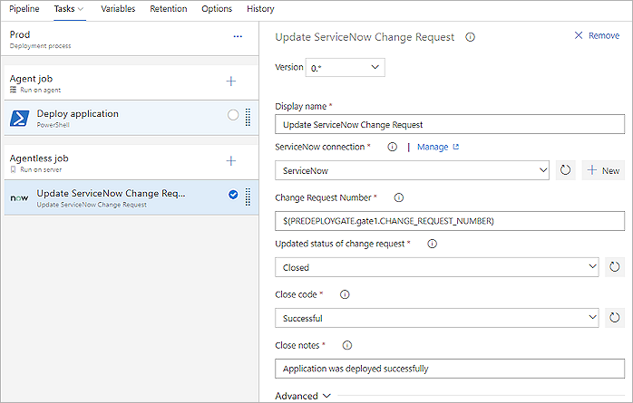 Cuplikan layar memperlihatkan cara mengonfigurasi tugas Perbarui Permintaan Perubahan ServiceNow.