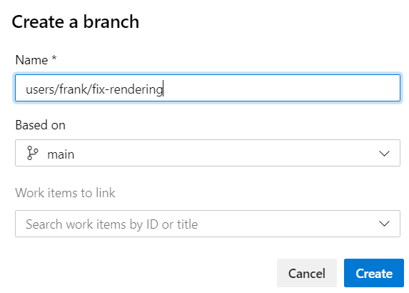 Cuplikan layar yang memperlihatkan pembuatan cabang dengan dialog cabang baru.