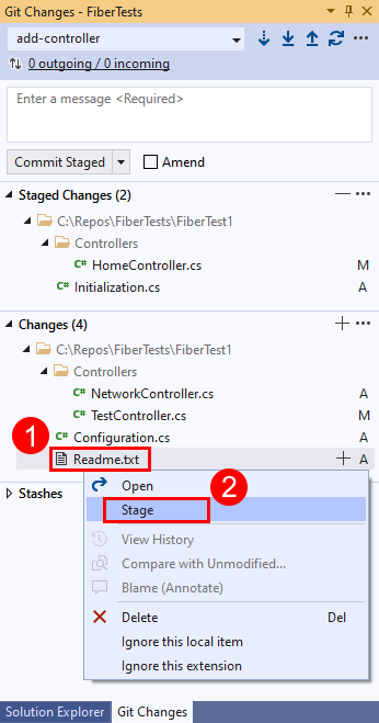 Cuplikan layar opsi Perubahan di jendela 'Perubahan Git' di Visual Studio.