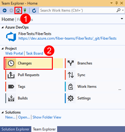 Cuplikan layar opsi Perubahan di Team Explorer di Visual Studio 2019.