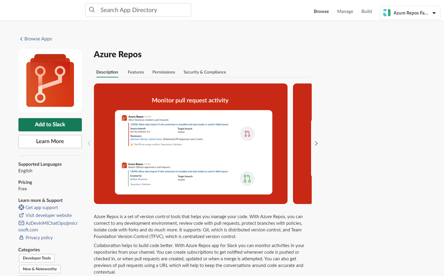 Cuplikan layar direktori aplikasi Slack, Azure Repos dan tombol, Tambahkan ke Slack.