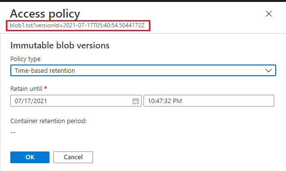 Cuplikan layar memperlihatkan cara mengonfigurasi kebijakan penyimpanan untuk versi blob sebelumnya di portal Microsoft Azure