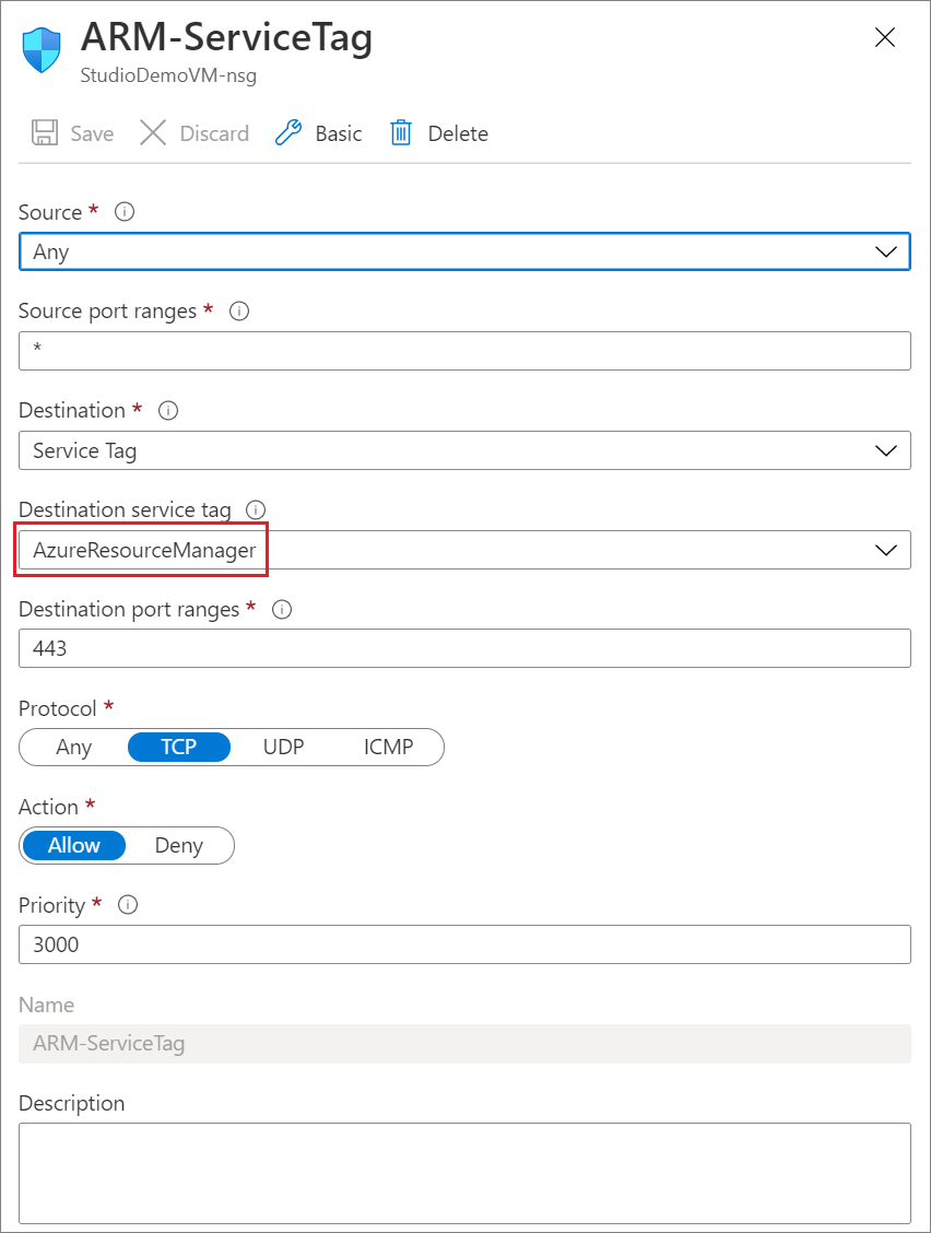 Cuplikan layar detail tag layanan Azure Resource Manager.