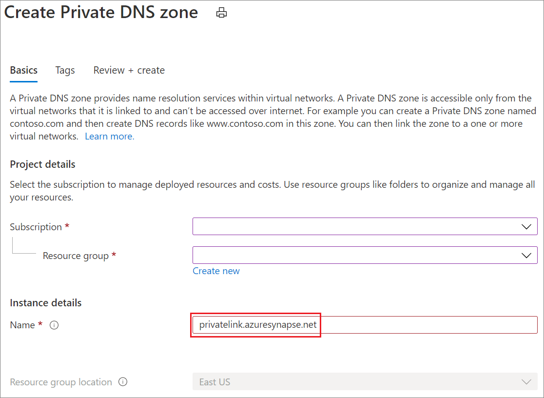 Cuplikan layar Buat zona DNS privat Synapse 2.