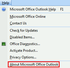 Screenshot that shows the About Microsoft Office Outlook option selected from the Help tab.