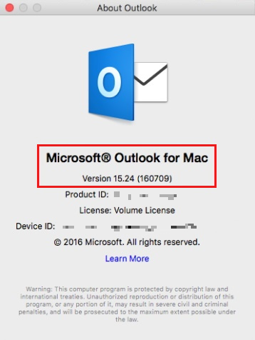 Screenshot for the About Outlook window for Outlook 2016 for Mac.
