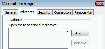 Screenshot that shows the Advanced tab and the Add option selected on the Microsoft Exchange dialog box.