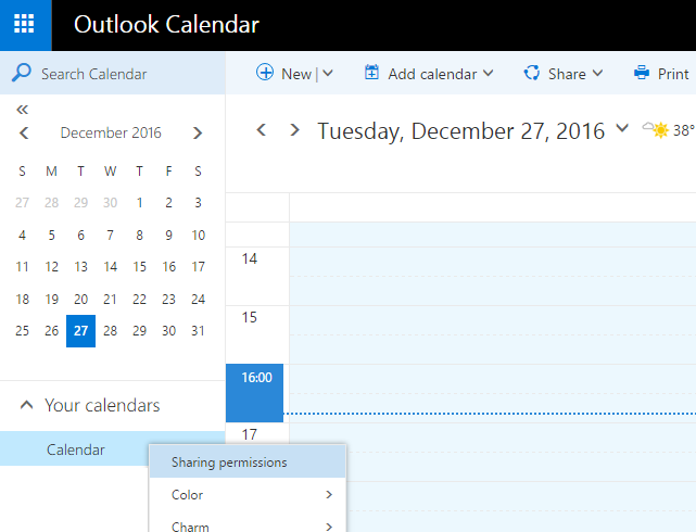 Screenshot that shows the OWA Calendar permission option selected from the Outlook calendar window.